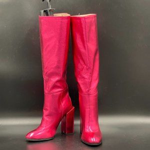 FSJ Hot Pink Knee High Stretch Long Boots Round Toe Chunky Heel Pull On Shoe